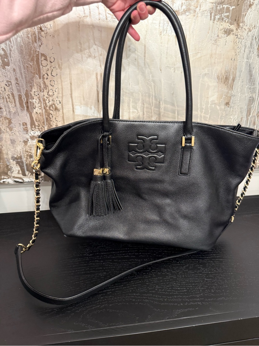 Tory Burch Thea Tassel Chain Leather Tote in black pebbled leather